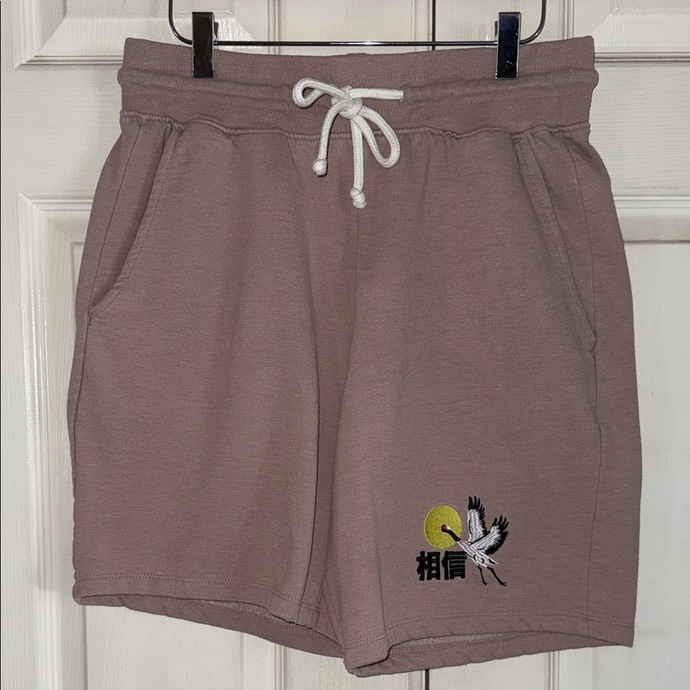 Men's Mauve Drawstring Cotton Shorts with Crane Embroidery